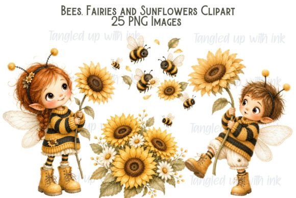 Bee Fairy Sunflower Clipart: Whimsical Design Assets