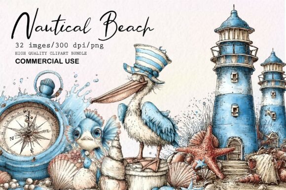 Whimsical Nautical Beach PNG Clipart Set: Coastal Creativity